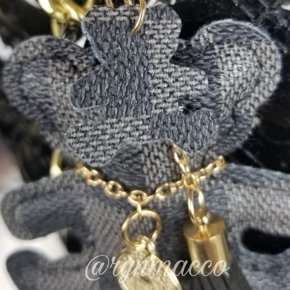Black Gray Leather Teddy Bear Tassel Keyring - Picture 5 of 8